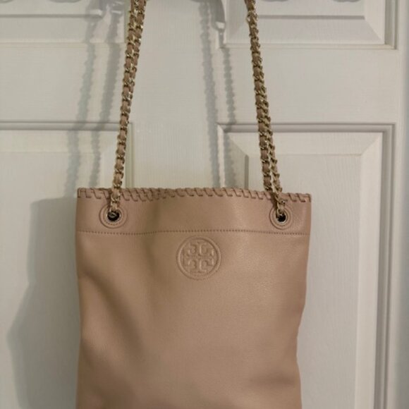 Tory Burch Marion Small Shoulder Bag Pale Pink Pebbled Leather Chain Handles NWO - Picture 3 of 9